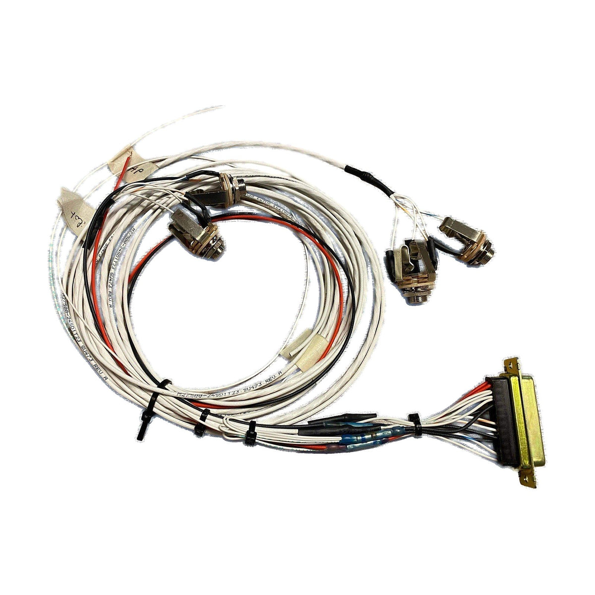 COM radio wiring harness with 25-pin D-sub, labelled wires and pilot and co-pilot headset jacks