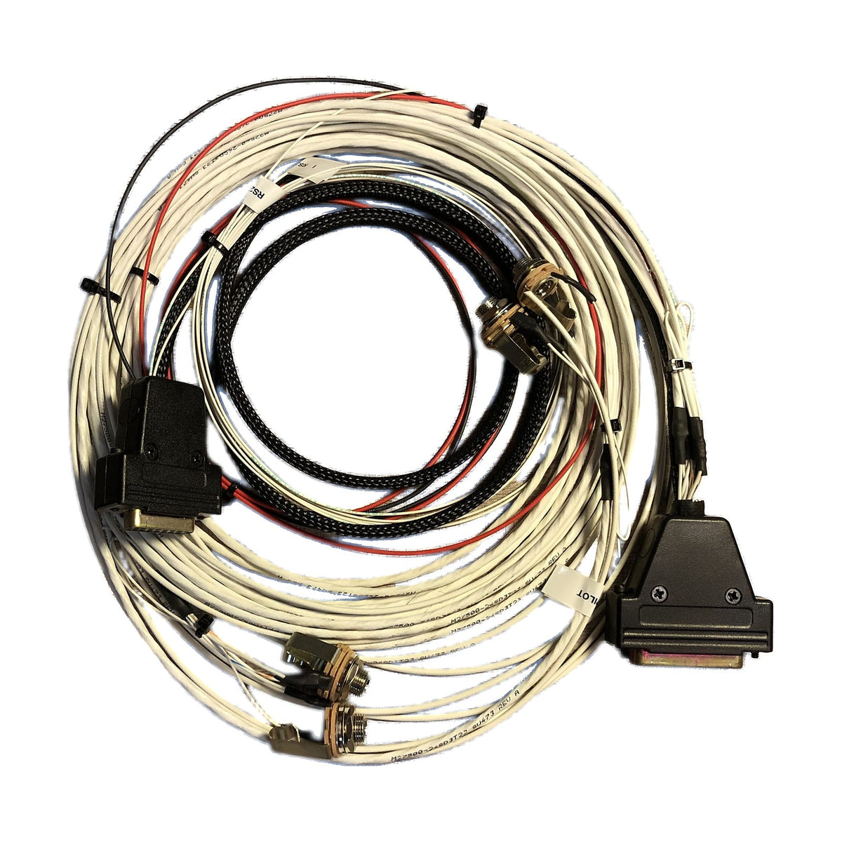 COM radio harness for a remote-mounted radio with control-head cable, headset jacks and RS-232 lead